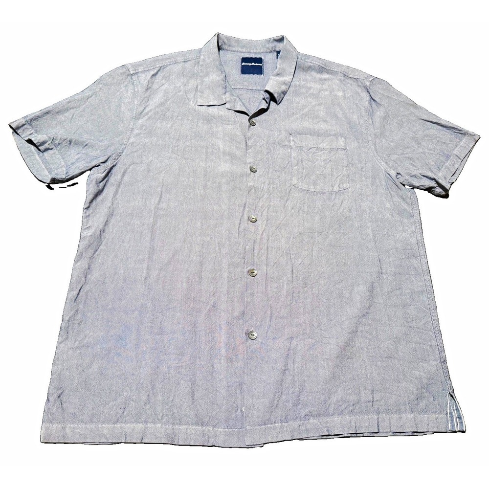 Tommy Bahama Mens XXL Silk Gray Solid Short Sleeve Button Up Shirt Pockets
